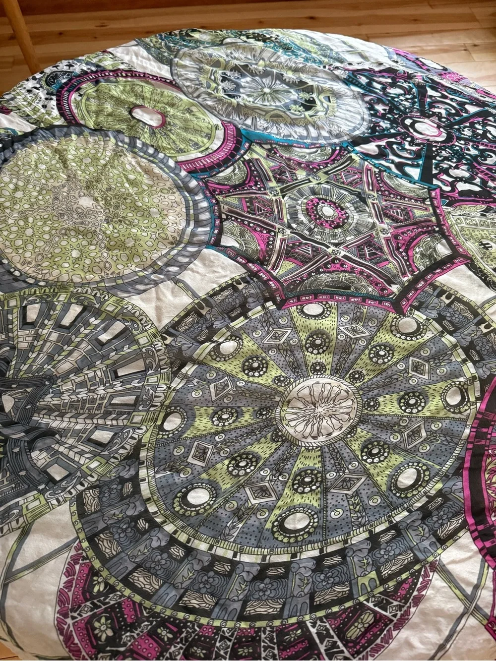 Circular Medallion in Pink, Green, Gray scarf- silk I think
